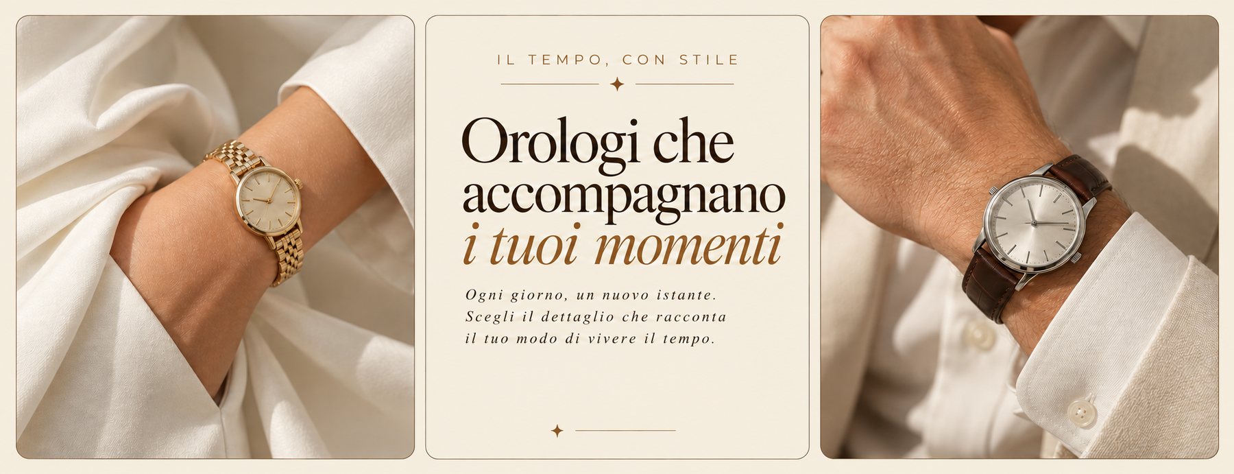 Il tempo, con stile. Orologi che accompagnano i tuoi momenti: ogni giorno un nuovo istante, scegli il dettaglio che racconta il tuo modo di vivere il tempo.